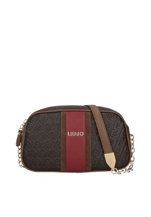 Piccola borsa a tracolla marrone e rossa Liu Jo con motivo monogram, tracolla a catena dorata e dettagli in pelle.