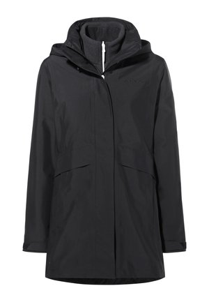 Zwarte waterdichte jas met een capuchon, ritssluiting aan de voorkant, twee grote zakken aan de voorkant en een gladde textuur. Voorzien van verstelbare manchetten.