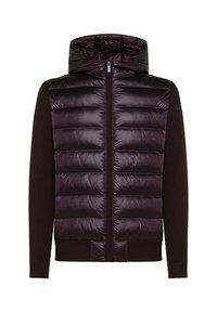 Giacca a vento con un davanti imbottito e lucido di un viola scuro e maniche lavorate a maglia marroni. Presenta un colletto alto e una cerniera a tutta lunghezza.