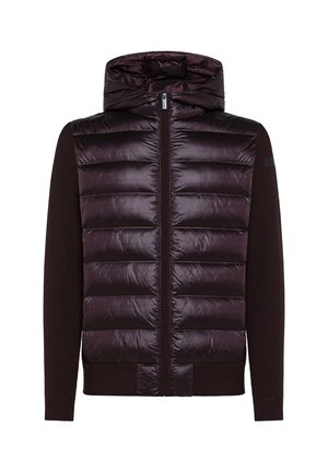 Giacca a vento con un davanti imbottito e lucido di un viola scuro e maniche lavorate a maglia marroni. Presenta un colletto alto e una cerniera a tutta lunghezza.