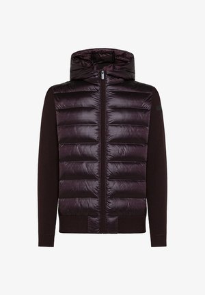 Giacca a vento con un davanti imbottito e lucido di un viola scuro e maniche lavorate a maglia marroni. Presenta un colletto alto e una cerniera a tutta lunghezza.