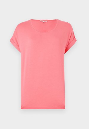 Rosa bomull t-skjorte med rund hals og rullede korte ermer. Stoffet har en jevn tekstur, uten mønstre eller bemerkelsesverdige detaljer.