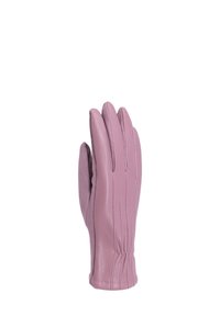 Guanto in pelle rosa singolo con dettagli cuciti e polsino elastico, mostrato con il palmo rivolto verso il basso su sfondo bianco.