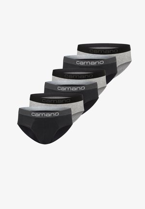 Vijf paar herenonderbroeken in zwart en grijs katoen, met een zachte tailleband met het "camano" logo, klassieke snit en effen kleuren.