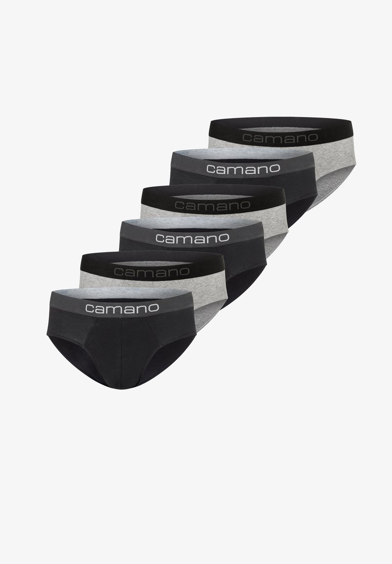 Vijf paar herenonderbroeken in zwart en grijs katoen, met een zachte tailleband met het "camano" logo, klassieke snit en effen kleuren.