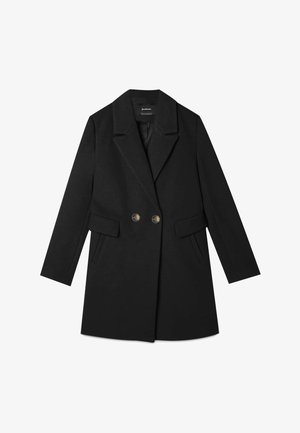 Manteau noir croisé à deux boutons, col à revers cranté, manches longues et poches à rabat de chaque côté.