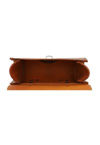 Brown leather wallet with a smooth texture, open design, interior compartments, and visible stitching details.