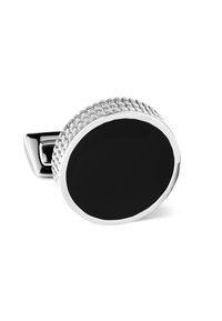 Schwarze runde Manschettenknöpfe mit einem polierten silbernen Rand und strukturiertem Griff. Sie zeichnen sich durch ein elegantes Design mit glänzender Oberfläche aus.