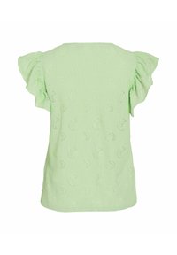 Blusa verde chiaro con maniche a farfalla, tessuto strutturato con un piccolo motivo paisley, scollatura tonda e vestibilità rilassata.