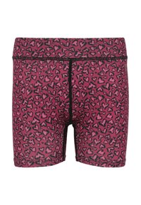 Vaaleanpunaiset bokserit, joissa on musta sydänkuvio, venyvää kangasta, mustia ompeleita ja mukautuva vyötärönauhan muotoilu.