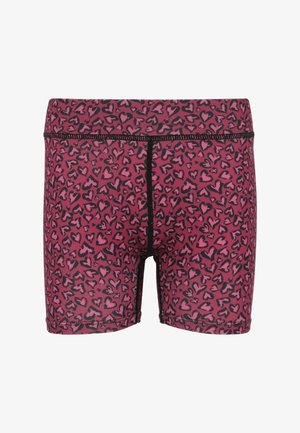 Lyserøde boxershorts med et sort hjerte-mønster, der har strækbart stof, sort syning og et behageligt bånddesign i taljen.