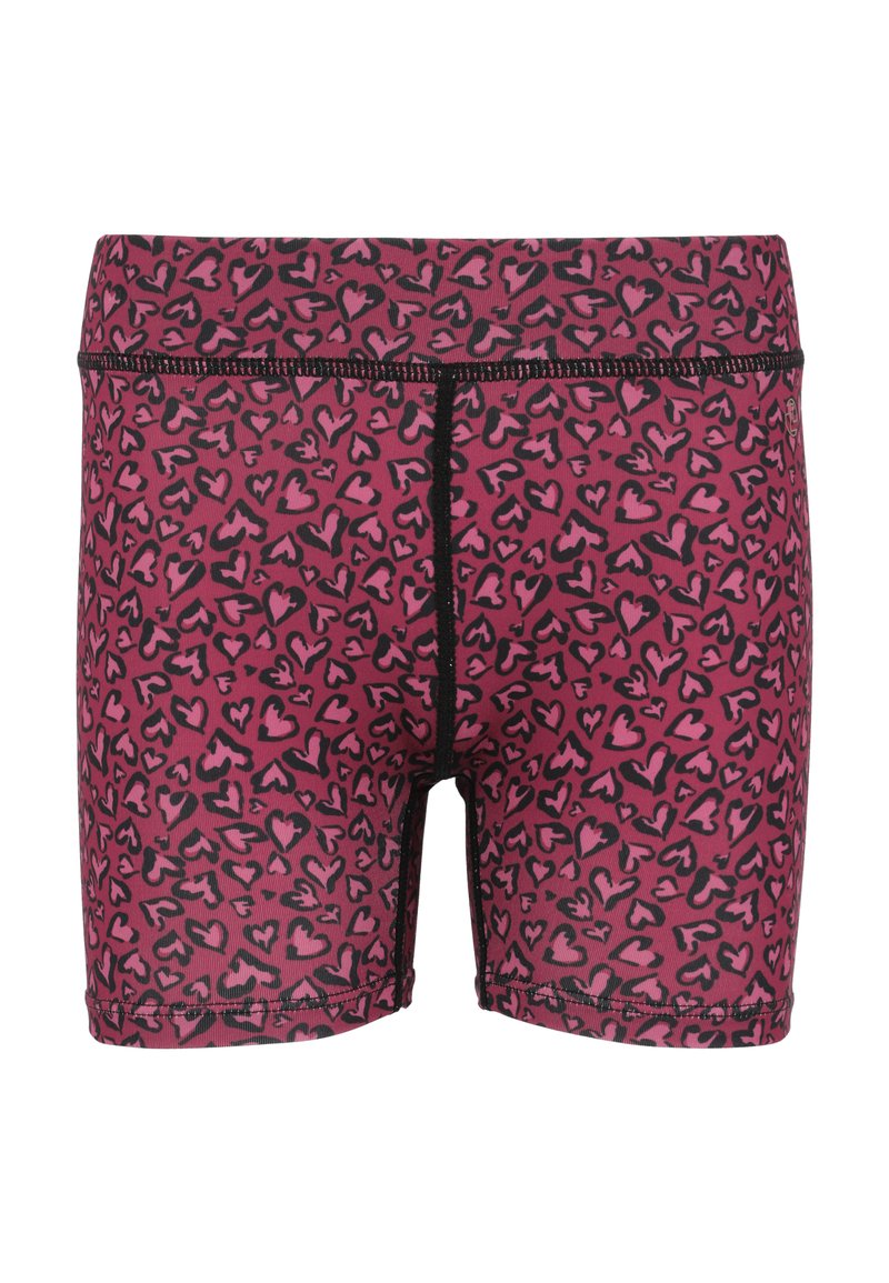 Vaaleanpunaiset bokserit, joissa on musta sydänkuvio, venyvää kangasta, mustia ompeleita ja mukautuva vyötärönauhan muotoilu.