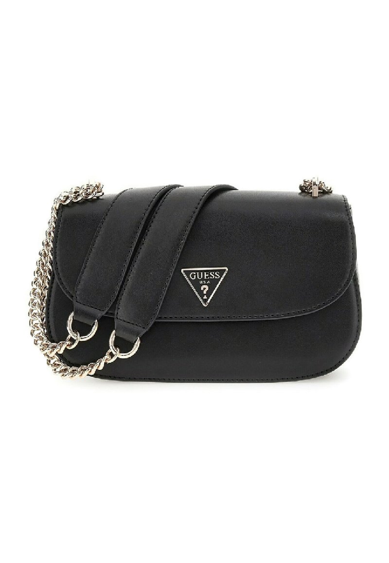 Borsa a tracolla in ecopelle nera con logo triangolare, tracolla a catena e chiusura a tasto. Caratterizzata da un design elegante e dettagli in metallo lucido argentato.