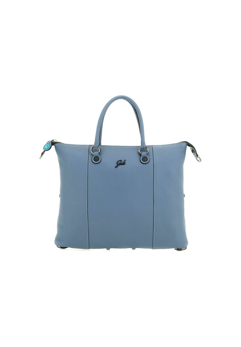 Blauwe leren handtas met dubbele handvatten, ritssluiting en subtiele merklogo. Bevat contrasterende stiksels en ronde hardware-accenten.