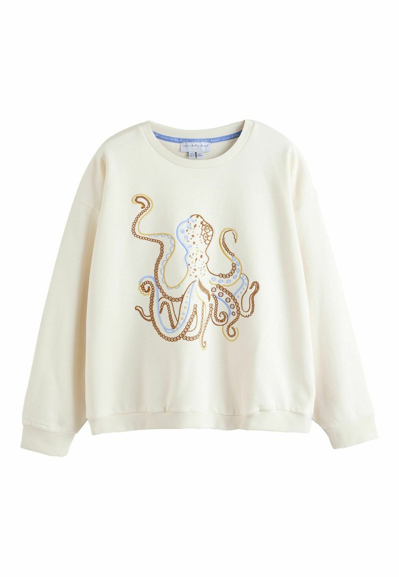 Krémová mikina s centrálnym motívom chobotnice v modro-zlatých odtieňoch. Vyrobená z mäkkej látky s okrúhlym výstrihom a rebrovanými manžetami.