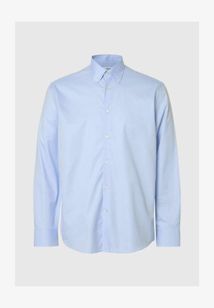 Camicia azzurra a maniche lunghe con colletto button-down, bottoni frontali e polsini con un bottone.