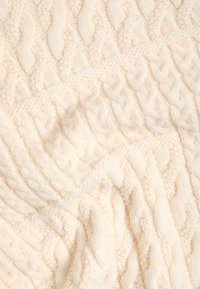 Morbida coperta di maglia a trecce con texture cremoso, caratterizzata da un motivo intrecciato che mette in evidenza cavi in rilievo e una superficie soffice e pelosa. Ideale per calore e comfort.