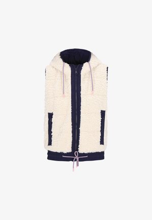 Fleece-gevoerde vest met een crèmekleurige buitenkant en marineblauwe accenten, voorzien van een ritssluiting aan de voorkant, capuchon en een verstelbare koordzoom.