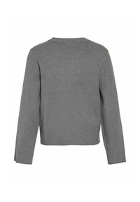 Pull gris en maille à manches longues vu de dos, avec un col rond et un ourlet ainsi que des poignets côtelés.