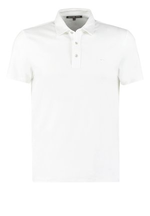 Valge puuvillane polo särk, millel on kahe nupuga kaelus, lühikesed varrukad ja diskreetne logo detail rinnal. Sile tekstuur.