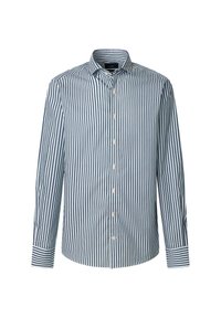 Button-up shirt featuring vertical blue and white stripes, with a spread collar, long sleeves, and button closure. Smooth cotton fabric.