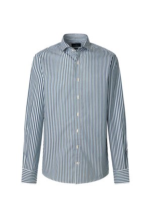 Button-up Hemd mit vertikalen blau-weißen Streifen, mit einem Kentkragen, langen Ärmeln und Knopfverschluss. Glattes Baumwollgewebe.