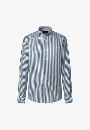 Camicia button-up con righe verticali blu e bianche, colletto all'americana, maniche lunghe e chiusura con bottoni. Tessuto di cotone liscio.
