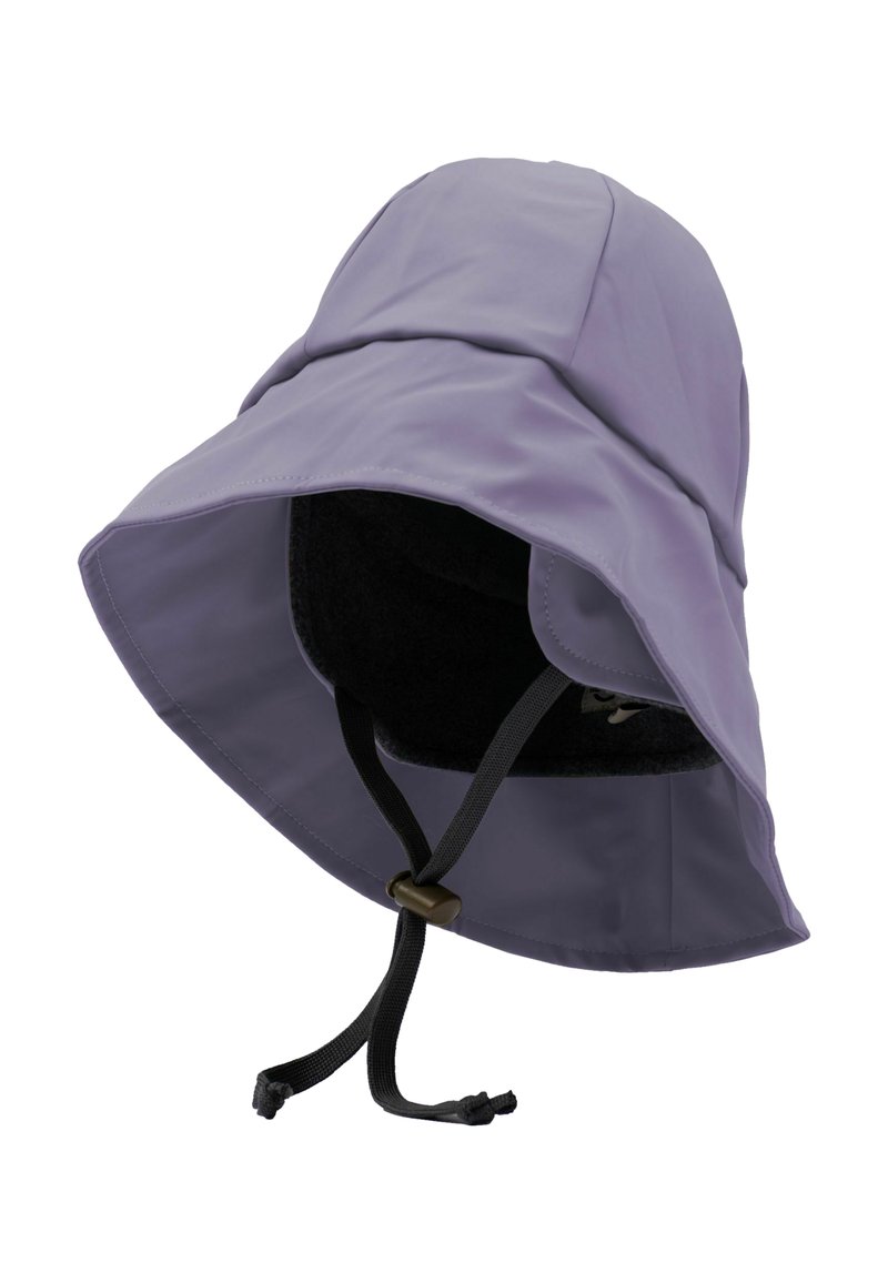 Lila wasserdichter Bucket Hat mit breiter Krempe und innerem Fleece-Futter. Verfügt über verstellbare Riemen für einen sicheren Sitz. Glatte, matte Textur.
