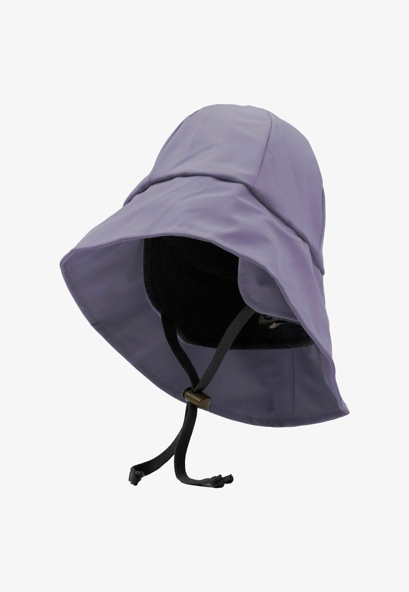 Lila wasserdichter Bucket Hat mit breiter Krempe und innerem Fleece-Futter. Verfügt über verstellbare Riemen für einen sicheren Sitz. Glatte, matte Textur.
