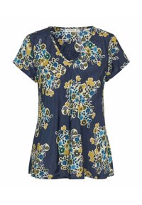 Marinebluse med V-hals, kortærmer og blomsterprint i blå, gul og grønne nuancer. Glat stof med løs pasform.
