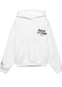 Witte hoodie met een voorzak, met bruine tekst "Start Create" en "Los Angeles California" op de borst, en rode tekst op de mouw.