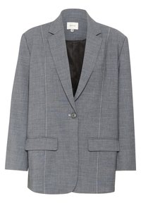 Harmaa bleiseri, jossa on teksturoitu kangas, yksirivinen nappikiinnitys, kaksi etutaskua ja valkoiset ompeleet saumoissa. Musta vuori näkyvissä sisäpuolella.