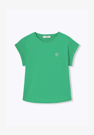 T-shirt vert à manches courtes avec revers retroussés et petit logo blanc brodé sur la poitrine gauche, col rond, design uni.