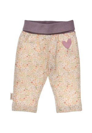 Baby pants with elastic purple waistband, soft floral pattern in peach and green, and stitched pink heart on the right side.