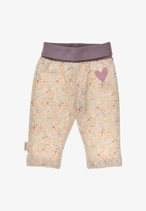 Baby pants with elastic purple waistband, soft floral pattern in peach and green, and stitched pink heart on the right side.