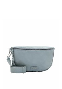 Borsa a tracolla in pelle blu chiaro con chiusura a zip, dettaglio della tracolla con borchie e bordo intrecciato. Etichetta del marchio visibile sul davanti.