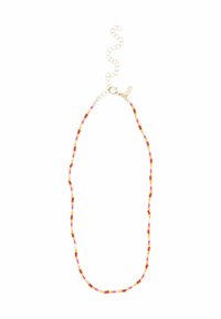 Beaded necklace featuring multicolored round beads in pink, red, yellow, and white, with a gold-tone clasp and adjustable chain.