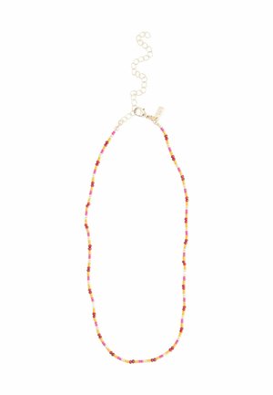 Beaded necklace featuring multicolored round beads in pink, red, yellow, and white, with a gold-tone clasp and adjustable chain.