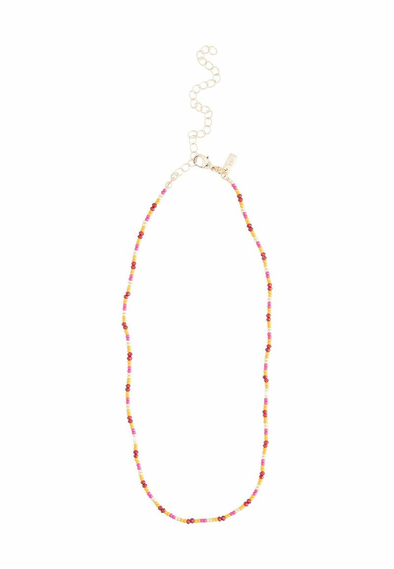 Beaded necklace featuring multicolored round beads in pink, red, yellow, and white, with a gold-tone clasp and adjustable chain.