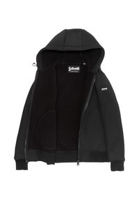 Veste à capuche noire avec un extérieur lisse, un intérieur en polaire, une fermeture éclair frontale intégrale et deux poches latérales ; présente le logo Schott.