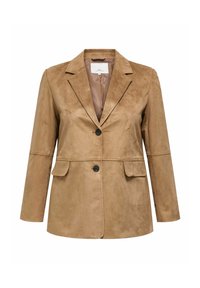 Beiger Wildlederblazer mit Reverskragen, zwei Vordertaschen, Ein-Knopf-Verschluss und langen Ärmeln. Glatte Textur und maßgeschneidertes Design.