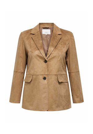 Lysebrun semsket jakke med spisset krage, to frontlommer, knappelukking med én knapp, og lange ermer. Jevn tekstur og skreddersydd design.