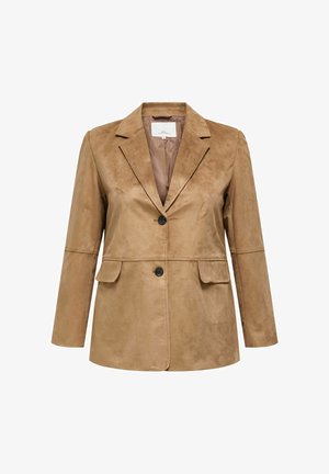 Tan suede blazer with a notched collar, two front pockets, single button closure, and long sleeves. Smooth texture and tailored design.