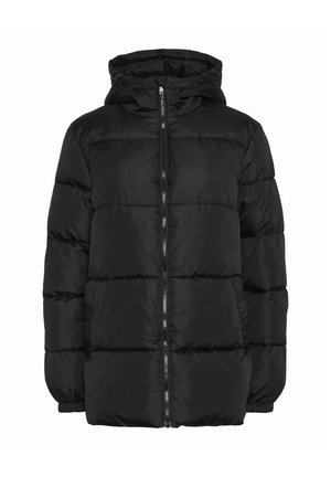 Chaqueta de plumas negra con capucha, con cremallera frontal, diseño acolchado, puños elásticos y dos bolsillos laterales. Tejido liso y brillante.