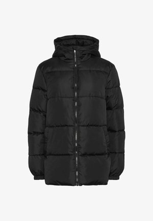 Čierna prešívaná bunda s kapucňou, predným zipsom, prešívaným dizajnom, elastickými manžetami a dvoma bočnými vreckami. Hladká, lesklá látka.