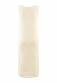 Ljusbeige ärmlös klänning med en strukturerad stickad tyg, rund halsringning och en åtsittande siluett som sträcker sig till mitten av låret.