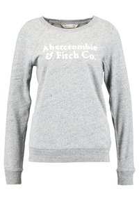 Grijze sweatshirt met lange mouwen, geribbelde manchetten en zoom, met witte tekst op de voorkant met de woorden "Abercrombie & Fitch Co."