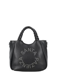 Borsa a tracolla in pelle nera con manico intrecciato, scritta circolare con borchie "SANTA PAR" sulla parte anteriore e forma strutturata.