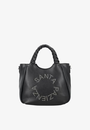 Borsa a tracolla in pelle nera con manico intrecciato, scritta circolare con borchie "SANTA PAR" sulla parte anteriore e forma strutturata.