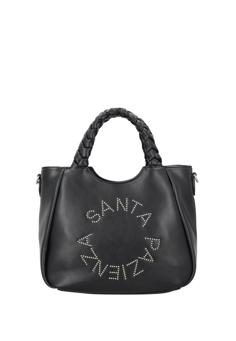 Borsa a tracolla in pelle nera con manico intrecciato, scritta circolare con borchie "SANTA PAR" sulla parte anteriore e forma strutturata.